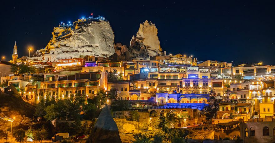 Nightlife Cappadocia - Illuminated Townscape and a Castle on a Rock