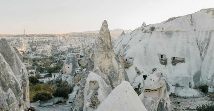 Cafes Cappadocia Gorges - Amazing view of famous Cappadocia highlands with white rocky formations beneath clear blue sky