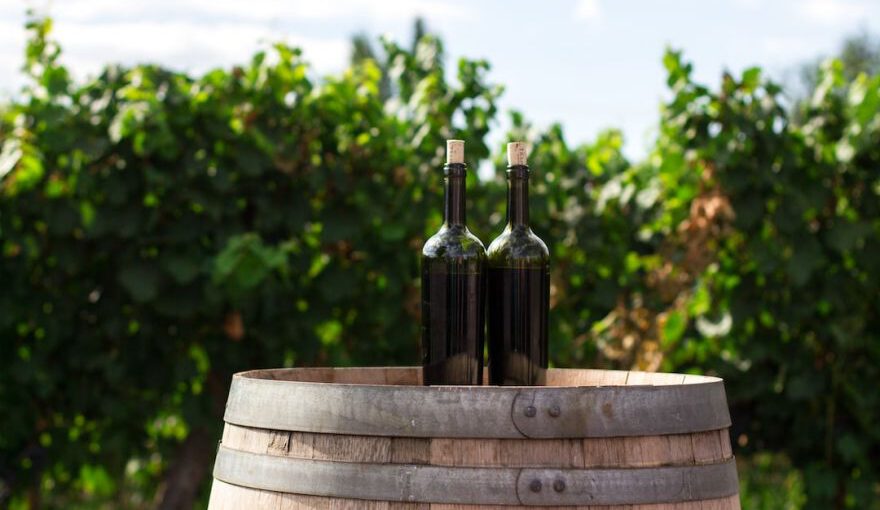 Wine Experience Cappadocia - two black glass bottles on the top of the brown wooden barrel