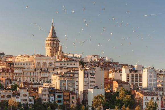 Turkey - aerial view of buildings and flying birds